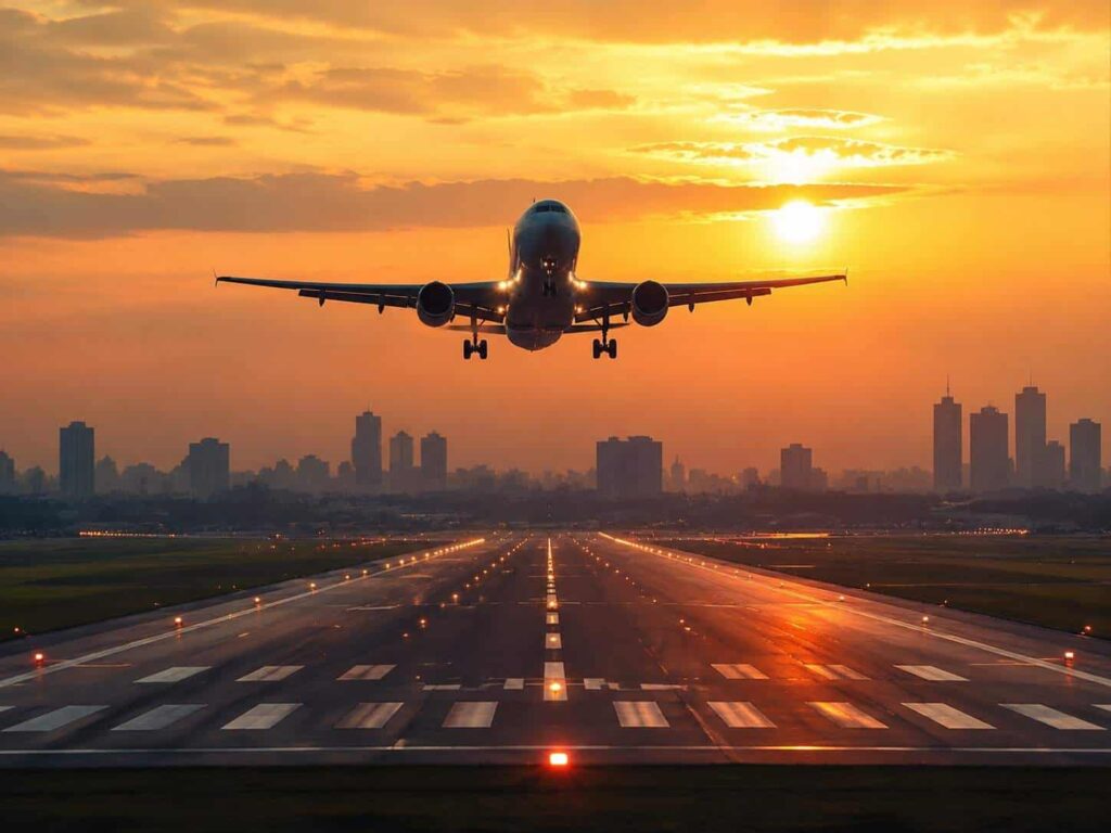 Airplane landing on a runway at sunset with a city skyline in the distance.