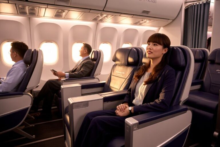 A woman in business attire sits upright in an airplane seat by the window, with other passengers in the background.