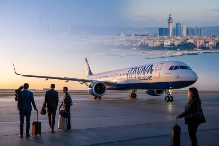 Airplane on a runway with passengers waiting and pulling wheeled luggage, city skyline in the distance at sunset/dusk.