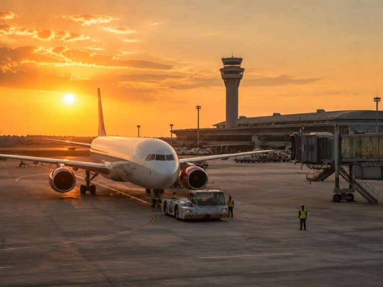 Airplane on the tarmac at sunset with a control tower in the distance and a jet bridge nearby