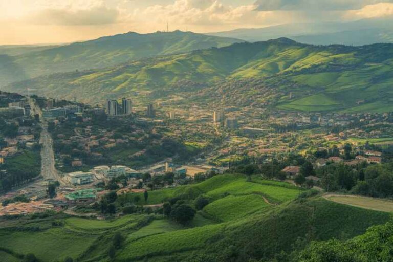 A city nestled in a green valley with rolling hills and distant mountains in the background, under a warm sky.