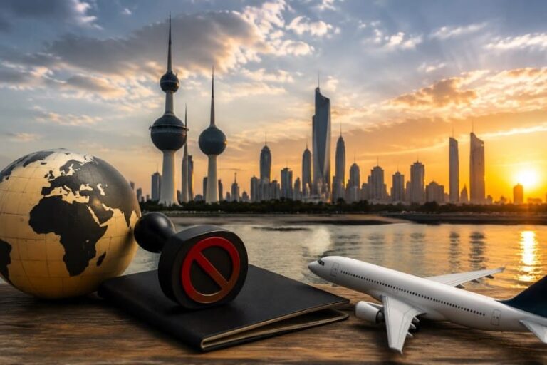 Dubai skyline at sunset with a globe, a no-entry gavel on a notebook, and a small airplane—illustrating travel restrictions.