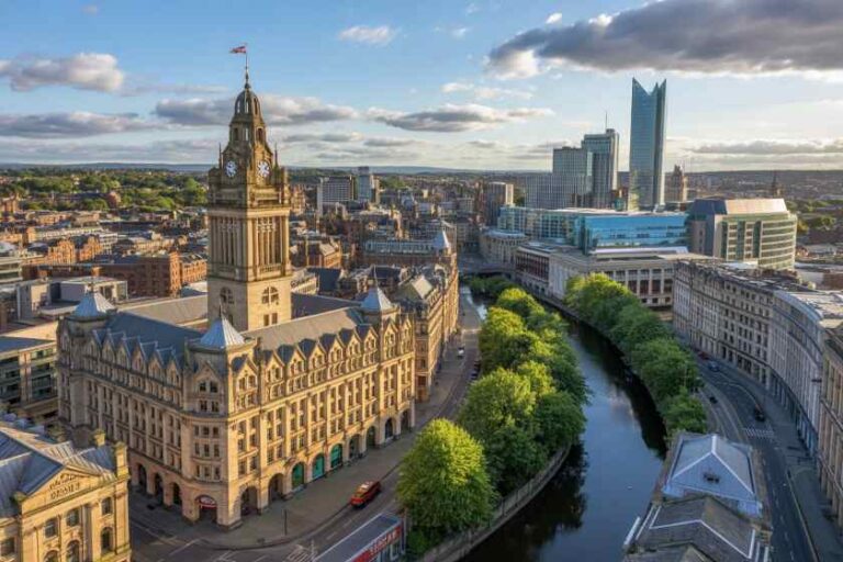 Aerial view of a historic clock-tower building beside a tree-lined canal in a cityscape with modern skyscrapers in the distance.