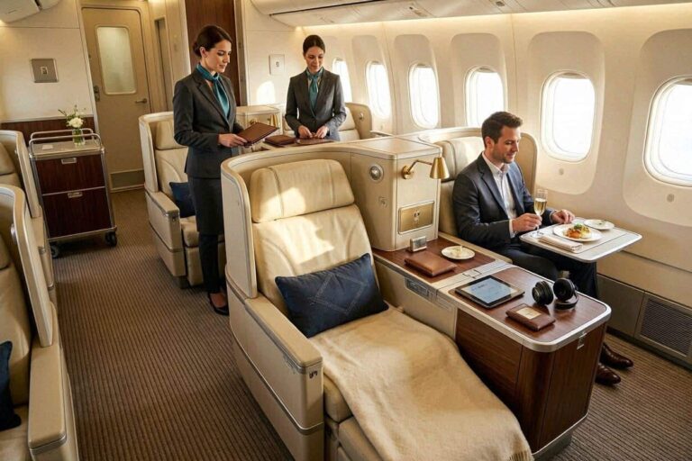 Business class cabin: two flight attendants in uniforms standing beside a seated passenger enjoying a meal on a champagne service.
