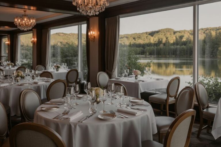 Elegant banquet hall with round tables set for dinner by a lake-view window and chandeliers above.