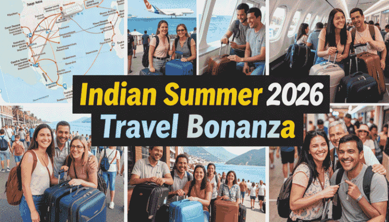 Collage banner with the text 'Indian Summer 2026 Travel Bonanza' showing travelers with luggage at an airport and a map.