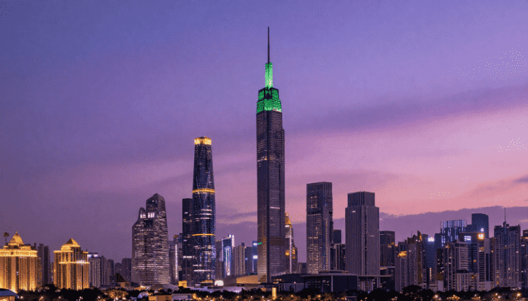 City skyline at dusk with tall, illuminated skyscrapers and a purple-pink sky in the background.