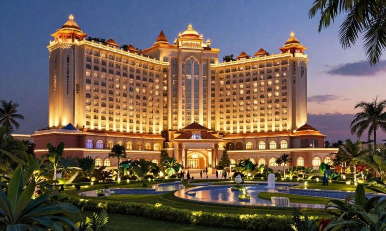 Luxurious illuminated hotel resort at dusk with palm trees and fountains in front of the entrance.