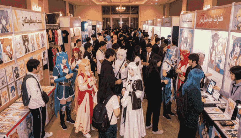 Crowded anime convention hall with cosplayers and booths displaying posters and merchandise on both sides.