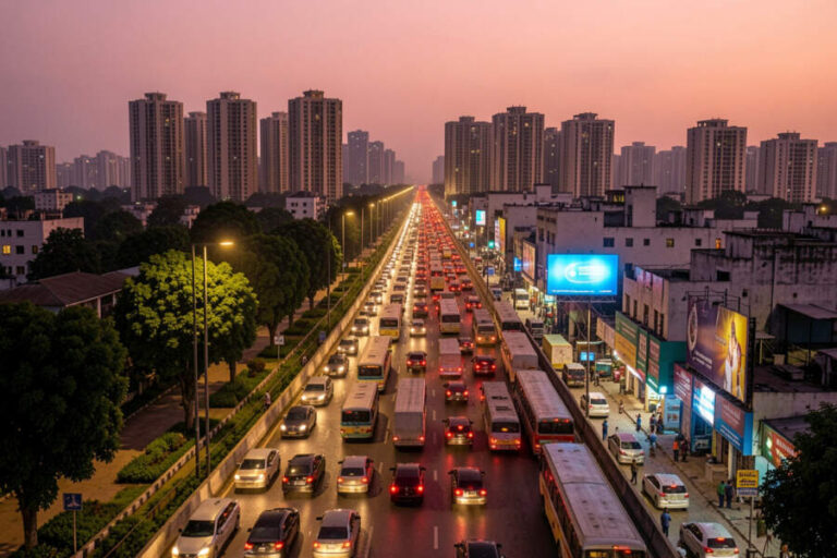 Aerial view of a busy city street at dusk with lanes of traffic stretching toward the horizon and tall apartment buildings in the background.
