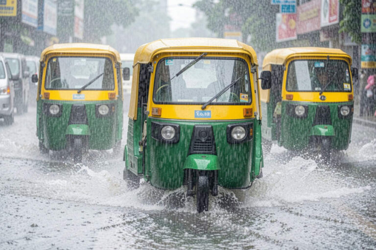 Three green-and-yellow auto rickshaws drive through a rain-soaked street with water splashing around them, head-on view in front of a city scene.
