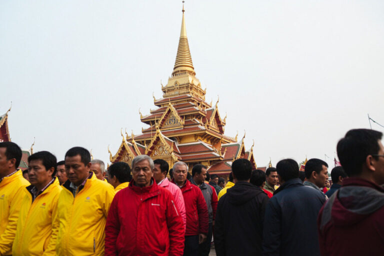 Crowd of people in bright jackets gathered in front of a gilded Asian temple with a tall golden spire in the background