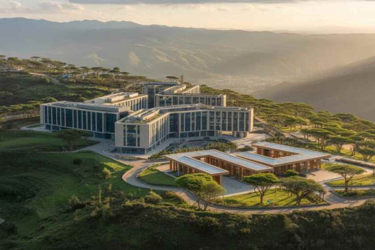 Modern glass-and-concrete buildings on a hillside resort, with winding roads and pine trees at golden hour.