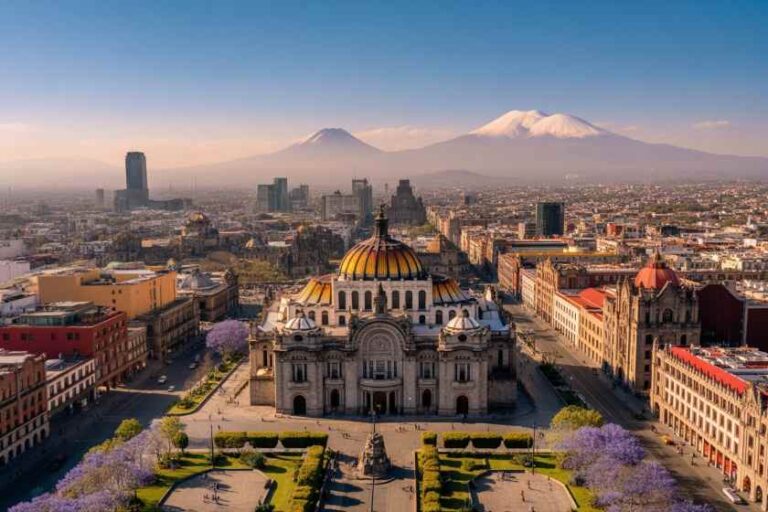 Aerial view of central Mexico City with the Palacio de Bellas Artes in the foreground, surrounded by historic buildings and purple-flowering trees, with snow-capped mountains in the distance.
