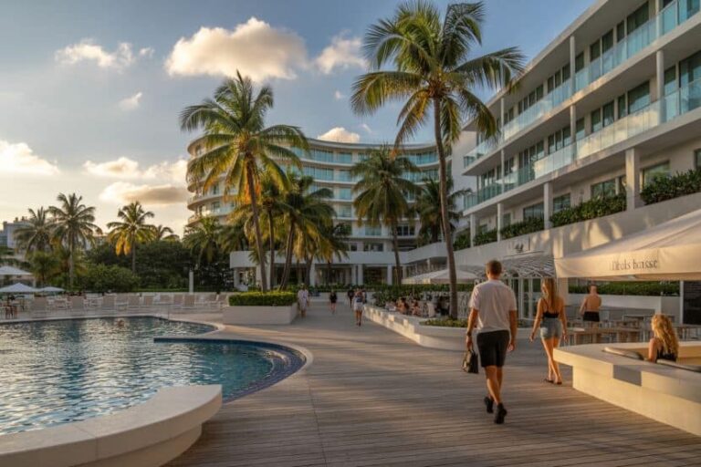 Poolside at a tropical hotel: curved pool, palm trees, outdoor seating, and guests strolling along a wooden deck at sunset.
