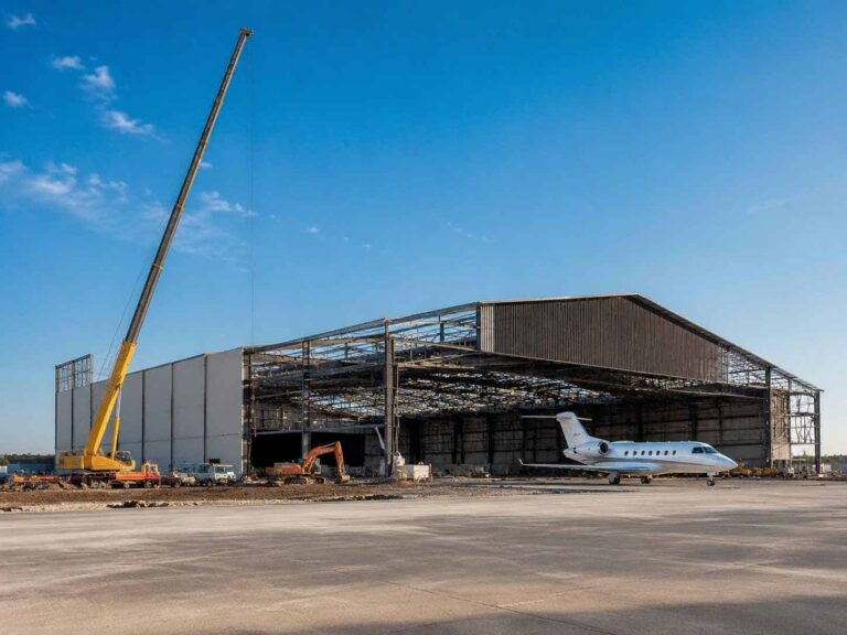 Large aircraft hangar under construction with a tall yellow crane, construction equipment, and a white business jet on the tarmac against a clear blue sky.