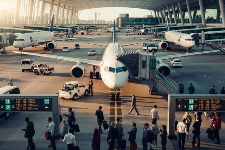 Central passenger jet at a gate with a boarding bridge, other aircraft and ground vehicles visible on the tarmac.