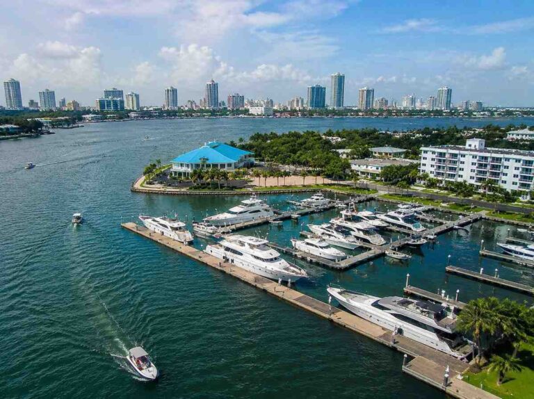 Marina with white yachts docked at piers, a blue-roof pavilion on a green peninsula, and a city skyline in the background.