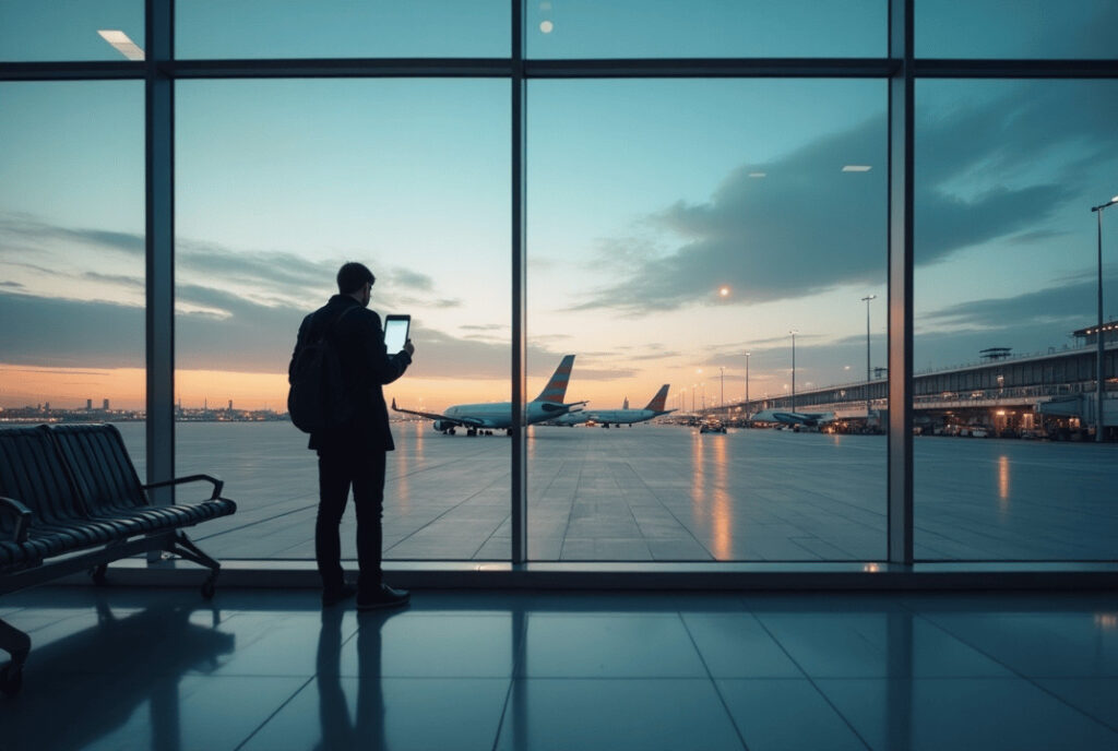 Traveler with backpack stands by large window in an airport, checking a tablet as planes sit on the tarmac at sunset.