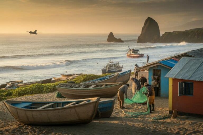 Fishermen repair a green fishing net near colorful huts on a sandy beach at sunset, with boats and the sea in the background.