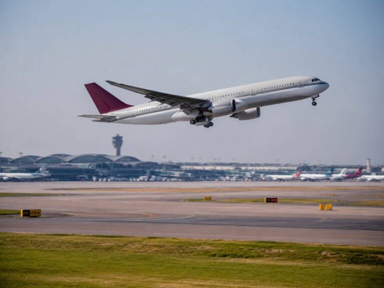 Commercial passenger jet lifting off from a runway at an airport, with a control tower and terminal buildings in the background.