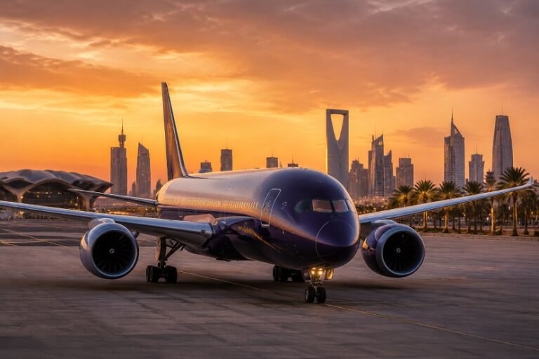 Airplane on the tarmac at sunset with a city skyline in the background