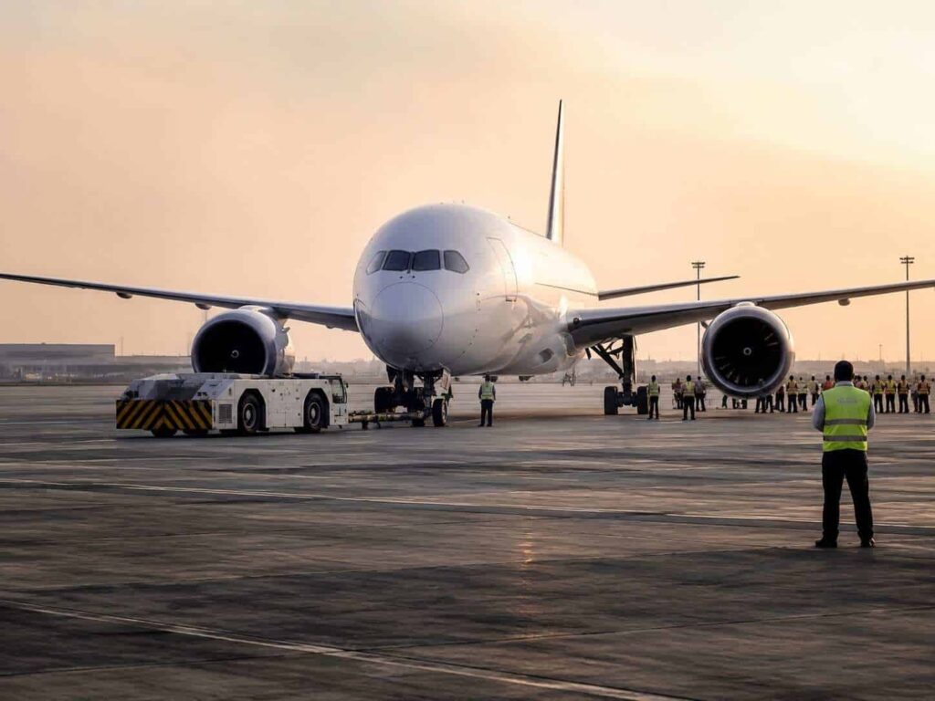 Large white commercial airplane on the tarmac being towed by a pushback tractor, with ground crew in high-visibility vests nearby at sunset.