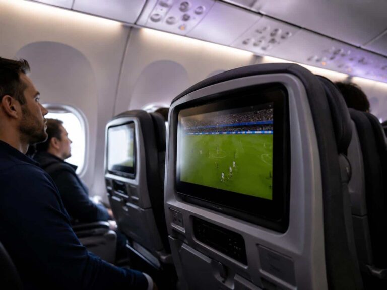 Passenger in an airplane seat watches a soccer match on the personal entertainment screen ahead of them