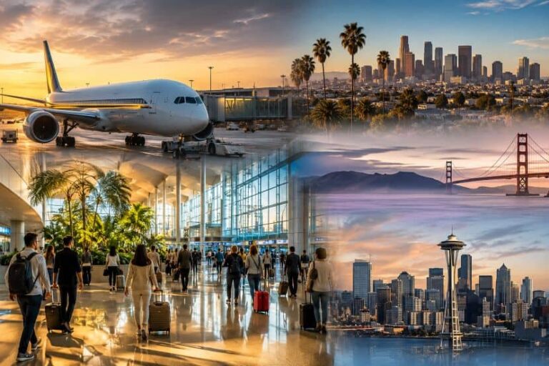 Travel collage: airplane at a gate, sunny city skyline with palm trees, Golden Gate Bridge at sunset, and Seattle skyline with the Space Needle.