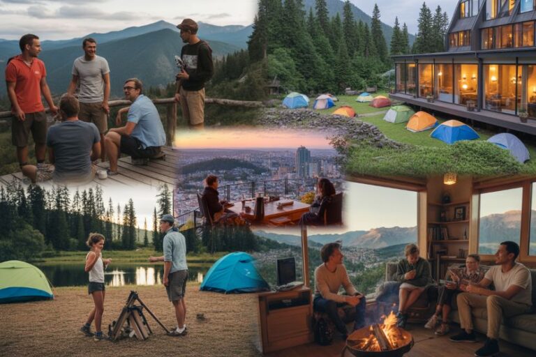 Group of friends camping in a mountain area with tents, a cabin lodge, and campers gathered around a fire pit outdoors at sunset and in daylight scenes with lake and city views nearby.