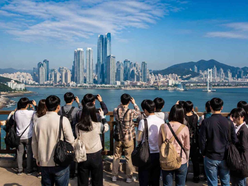 Crowd of people photographing a coastal city skyline across the water, with tall buildings and a bridge in the distance.