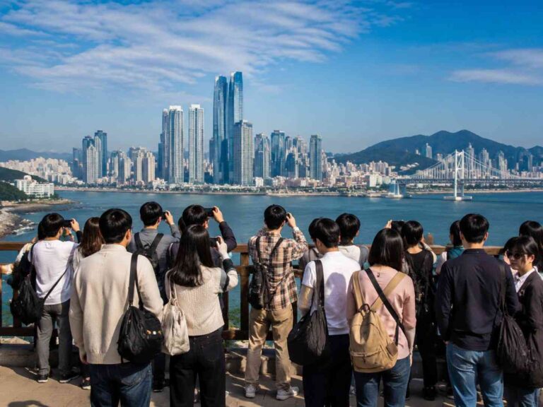 Crowd of people photographing a coastal city skyline across the water, with tall buildings and a bridge in the distance.