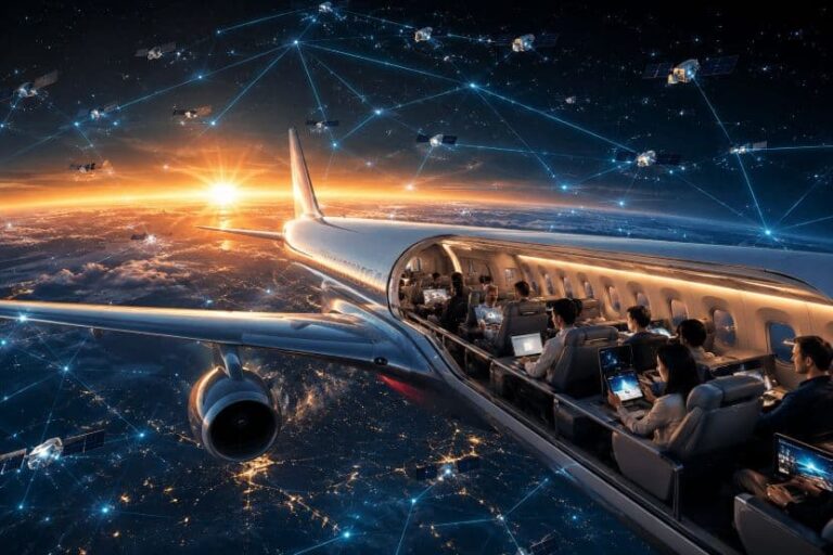 Passenger cabin of a jet in flight, passengers using laptops, with a glowing global network over Earth outside the windows (in-flight connectivity).