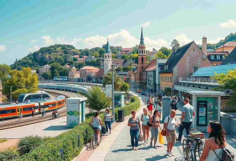 Sunny European town square with a curved tram line, a bright orange train, pedestrians and cyclists along a paved promenade with colorful historic buildings and a hillside backdrop.
