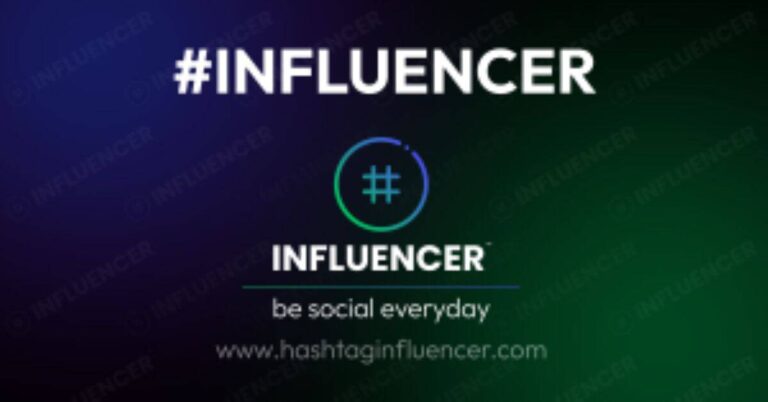 Banner promoting #INFLUENCER with circle hash icon and the word INFLUENCER, tagline 'be social everyday' and website www.hashtaginfluencer.com