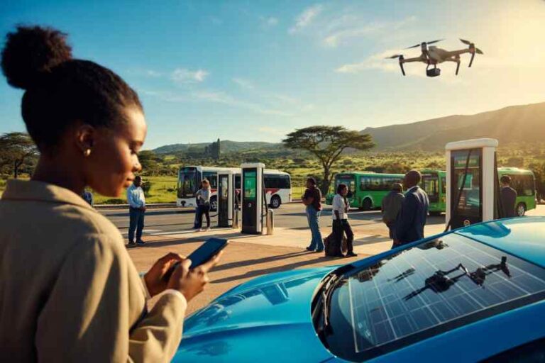 Woman using a phone near a blue electric car at a solar-powered charging station, with buses and a drone in the background.