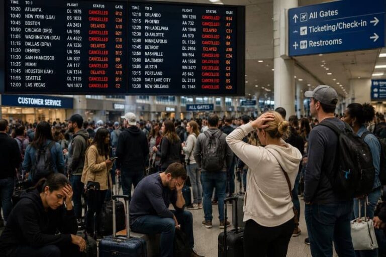 Crowded airport terminal with a large flight information board and passengers waiting with suitcases.