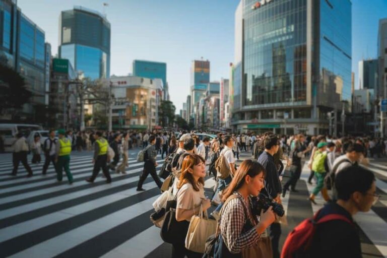 Busy urban crosswalk filled with pedestrians crossing a striped crosswalk, flanked by glass skyscrapers on a sunny day.
