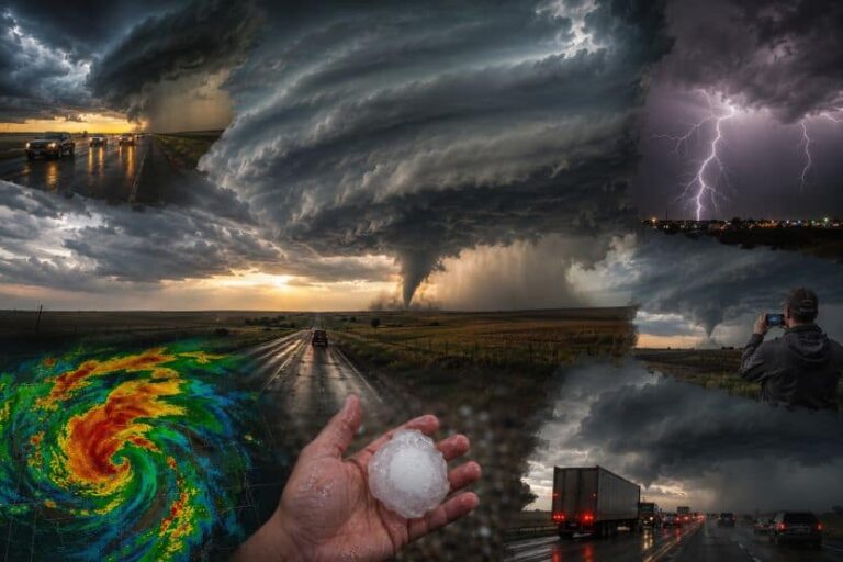 Collage of extreme weather scenes: tornado on the horizon, dark storm clouds, lightning, hail in a hand, and rain-soaked traffic.
