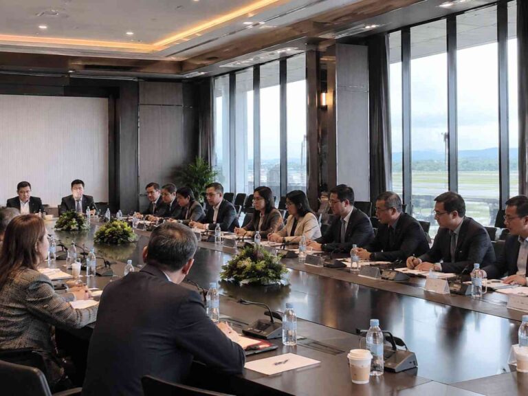 Group of professionals in suits seated around a long conference table in a modern boardroom, taking notes with water bottles and greenery centerpieces, large windows showing an outdoor landscape.