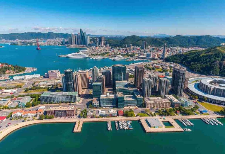 Aerial view of a coastal city with a cluster of tall office buildings, a busy marina, and blue harbor water. Mountains rise in the distance under a clear sky, sunny day.