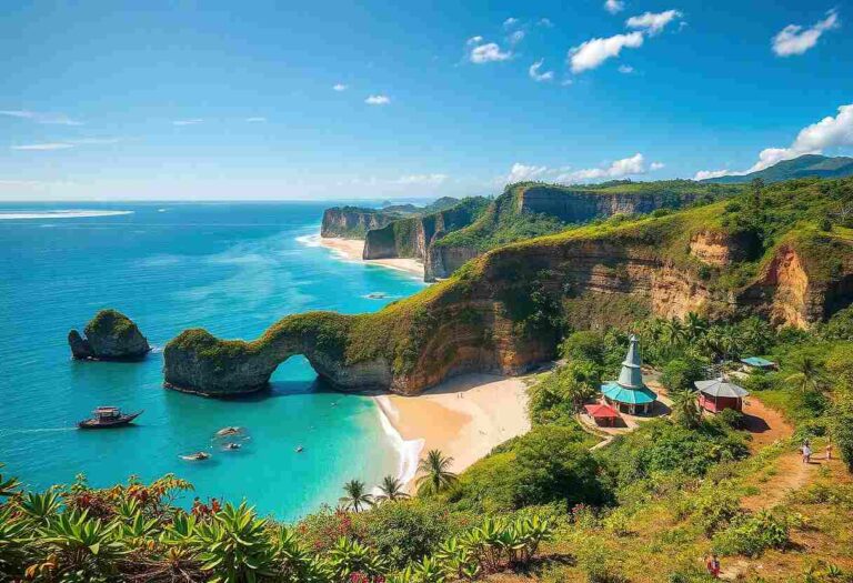 Coastal cliffs and turquoise sea with a natural rock arch, sandy beach, and small huts on a hilltop.