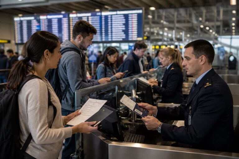 Airport check-in desk with a flight attendant assisting passengers with boarding passes and documents at a counter.