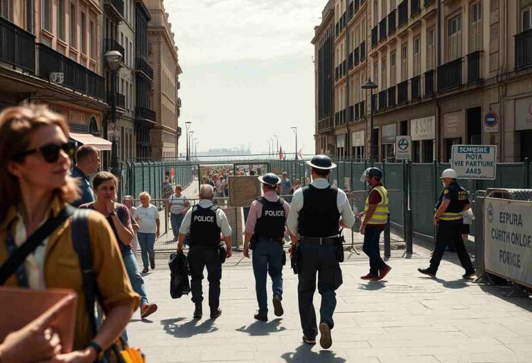 Police officers in protective vests walk toward a gated barricaded street, keeping a crowd away from the waterfront.