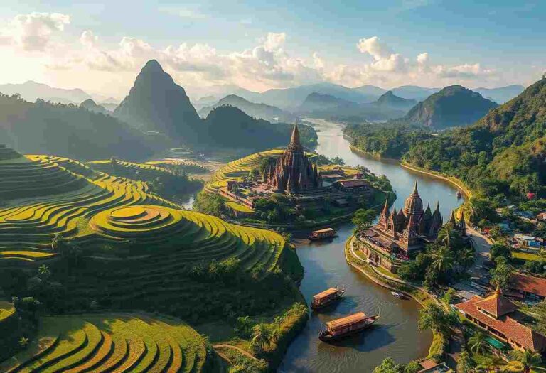 Aerial view of a river looping around a temple complex on a small island, surrounded by lush terraced rice fields and green hills.