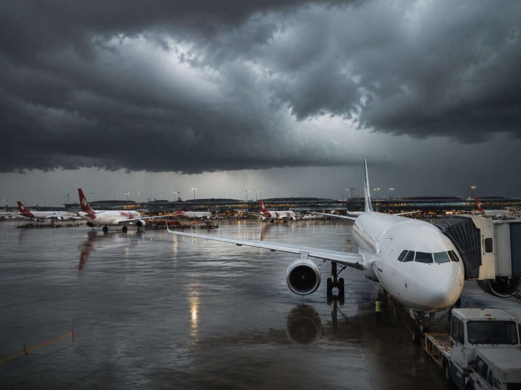 Airplane at a gate on a wet tarmac during a storm with dark clouds overhead and terminal lights in the distance.