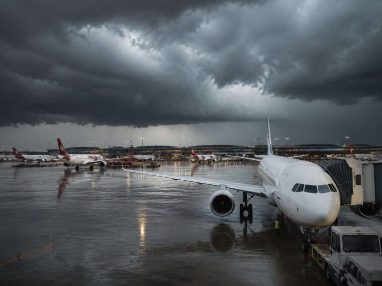 Airplane at a gate on a wet tarmac during a storm with dark clouds overhead and terminal lights in the distance.