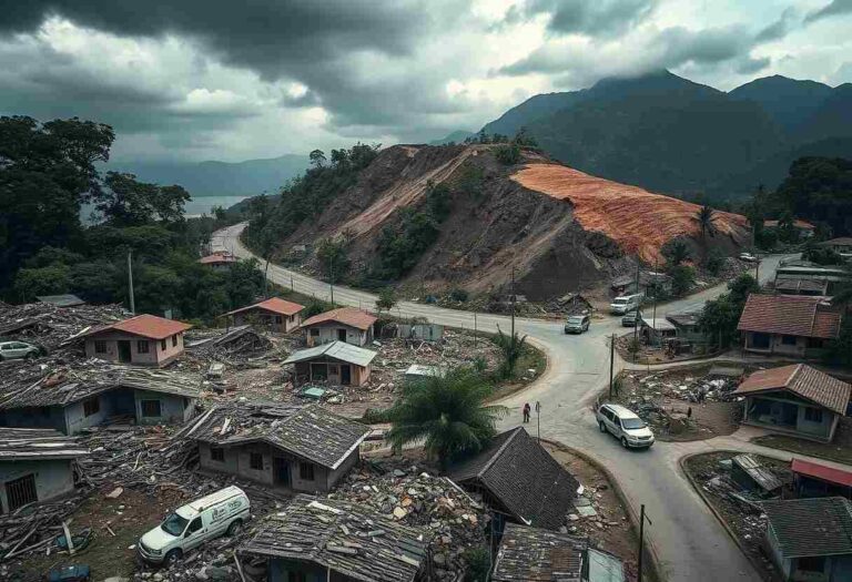 Landslide-damaged hillside village with rubble-filled roofs, a curved road, and several cars amid the debris under cloudy skies.