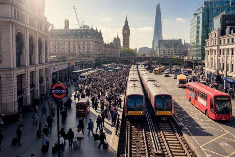 Busy London station scene with two trains on adjacent tracks, crowds on the platform, and a red double-decker bus nearby.