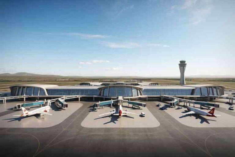 Modern airport terminal with jet bridges and several planes parked at gates, control tower visible in the background.